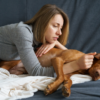 Mulher deitada no sofá abraçando um cachorro marrom que parece assustado ou desconfortável, oferecendo conforto e carinho ao pet.