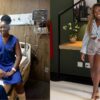 As fotos mostram a ex-bbb Leidy Elin. Mulher negra, com cabelo cacheado comprido. Na primeira foto, ela está em uma cama de hospital sentada e na segunda foto está em pé, com blusa e shorts jeans em uma sala.