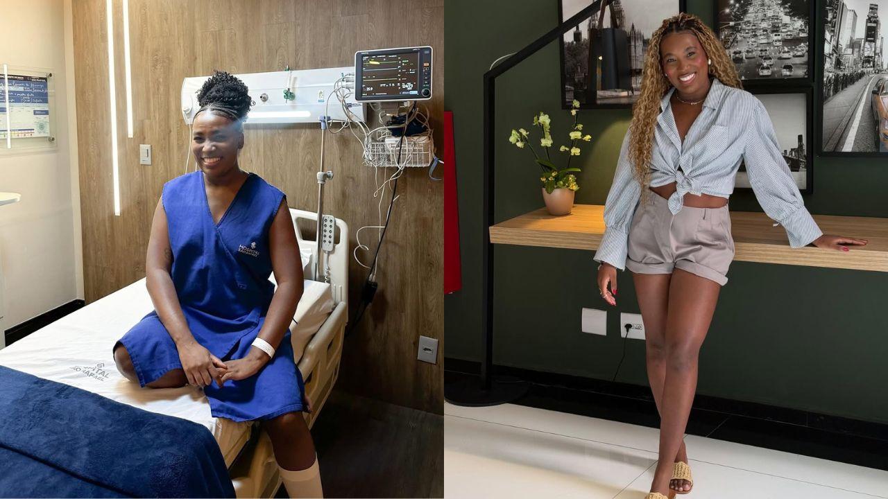 As fotos mostram a ex-bbb Leidy Elin. Mulher negra, com cabelo cacheado comprido. Na primeira foto, ela está em uma cama de hospital sentada e na segunda foto está em pé, com blusa e shorts jeans em uma sala.