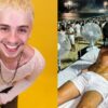 Duas fotos mostrando o mesmo homem. Homem branco, loiro, na primeira ele está na selfie e na outra ele está sem camisa na praia.