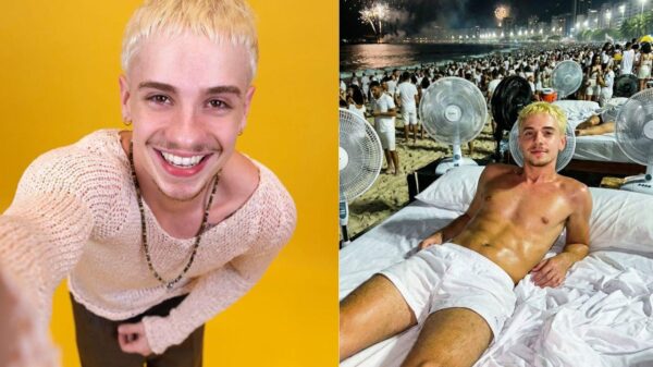 Duas fotos mostrando o mesmo homem. Homem branco, loiro, na primeira ele está na selfie e na outra ele está sem camisa na praia.