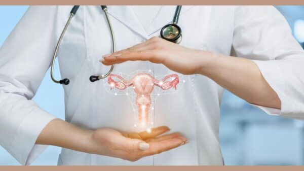 Médica ginecologista mostrando ilustração digital do sistema reprodutivo feminino, destacando a importância do cuidado com a saúde da mulher.