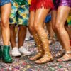 Foto mostra pernas de várias pessoas no carnaval. Está tudo colorido porque é carnaval.