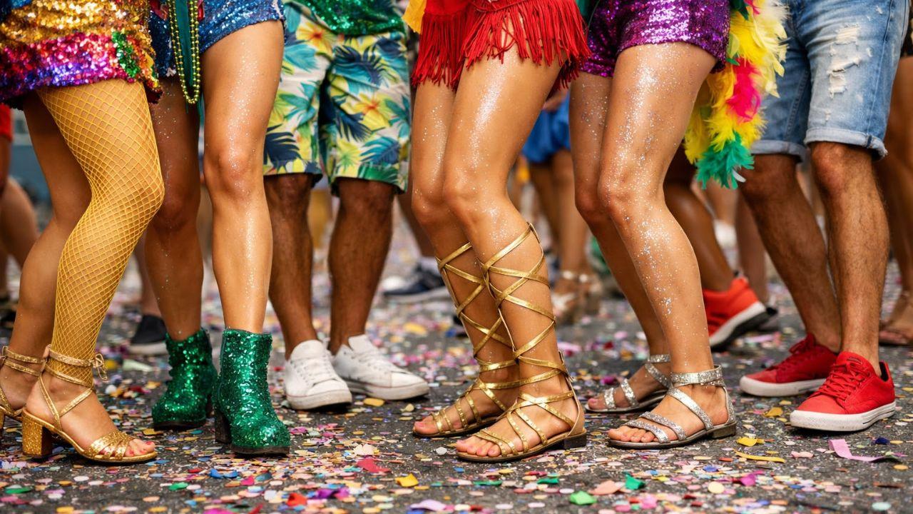 Foto mostra pernas de várias pessoas no carnaval. Está tudo colorido porque é carnaval.