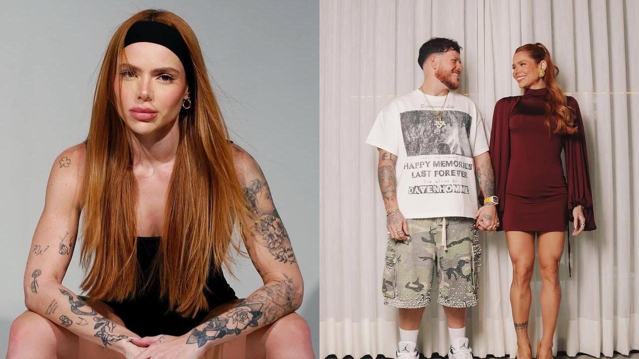 Montagem de duas fotos; à esquerda, Thais Vasconcellos; à direita, ela e Ferrugem