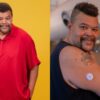 Montagem de duas fotos do Babu, a segunda, com o adesivo para diabetes no braço
