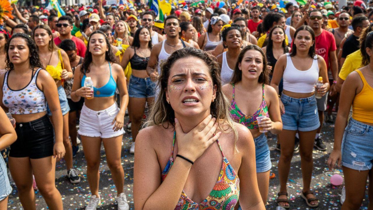 Pessoa com dor de garganta no carnaval