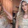 Livia Andrade nas duas fotos. Mulher branca, loira, cabelo cacheado longo, vestido dourado.