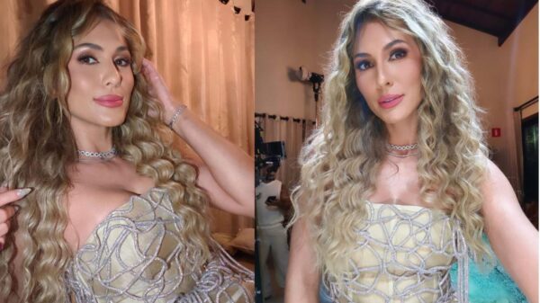 Livia Andrade nas duas fotos. Mulher branca, loira, cabelo cacheado longo, vestido dourado.