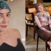 Montagem de duas fotos de Karina Lucco com lenço na cabeça