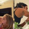 Montagem de duas fotos. À esquerda, Virgínia maquiando Maria Flor; à direita, Ana Castela maquiando a criança