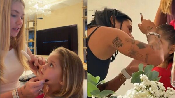 Montagem de duas fotos. À esquerda, Virgínia maquiando Maria Flor; à direita, Ana Castela maquiando a criança