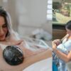 Montagem de duas fotos. Na esquerda, Rebeca e sua babê, já no hospital; à direita, ela, o esposo e a criança no carro