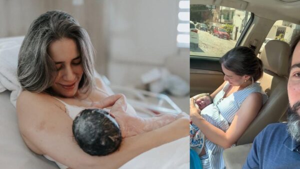 Montagem de duas fotos. Na esquerda, Rebeca e sua babê, já no hospital; à direita, ela, o esposo e a criança no carro