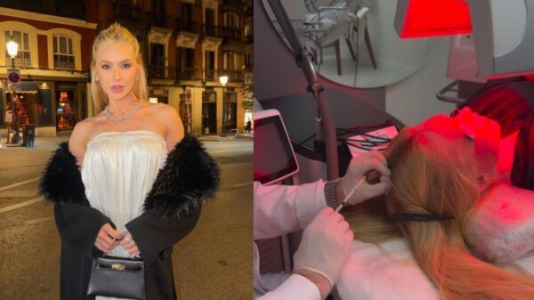 Montagem de duas fotos da Virginia. Na primeira, ela sorri e olha para a câmera. Na segunda, ela está deitada com um médico mexendo no cabelo dela.