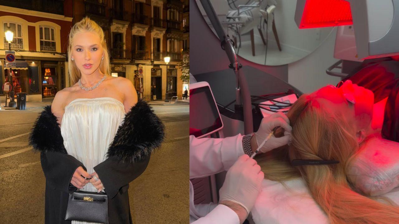 Montagem de duas fotos da Virginia. Na primeira, ela sorri e olha para a câmera. Na segunda, ela está deitada com um médico mexendo no cabelo dela.