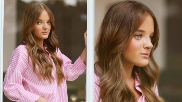 Montagem de duas fotos. Rafaella Justus nas fotos mostrando os resultados da rinoplastia. Mulher branca, jovem, cabelo liso e loira.