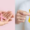 Montagem de duas fotos. À esquerda, a fita de outubro rosa; à direita, a fita amarela de setembro amarelo
