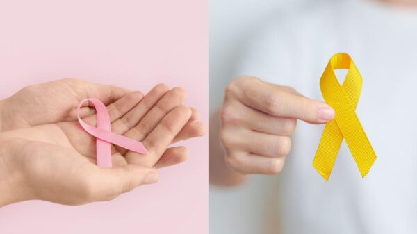 Montagem de duas fotos. À esquerda, a fita de outubro rosa; à direita, a fita amarela de setembro amarelo