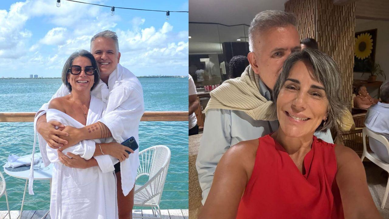 Montagem de duas fotos. Em ambas são Glória Pires e o marido.