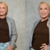 Duas fotos da Xuxa. Mulher branca, loira, olhos azuis, cabelo curto, usando blusa e casaco.