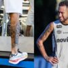 Montagem de duas fotos de Neymar, à esquerda, suas panturrilhas