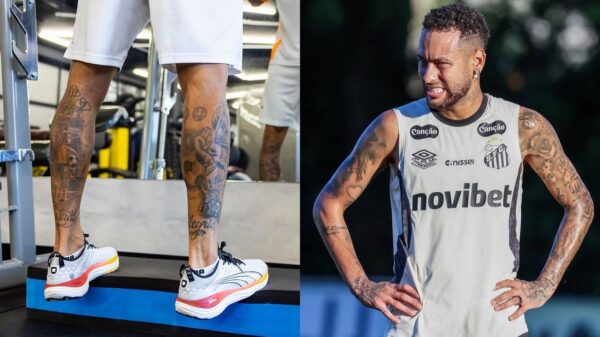 Montagem de duas fotos de Neymar, à esquerda, suas panturrilhas