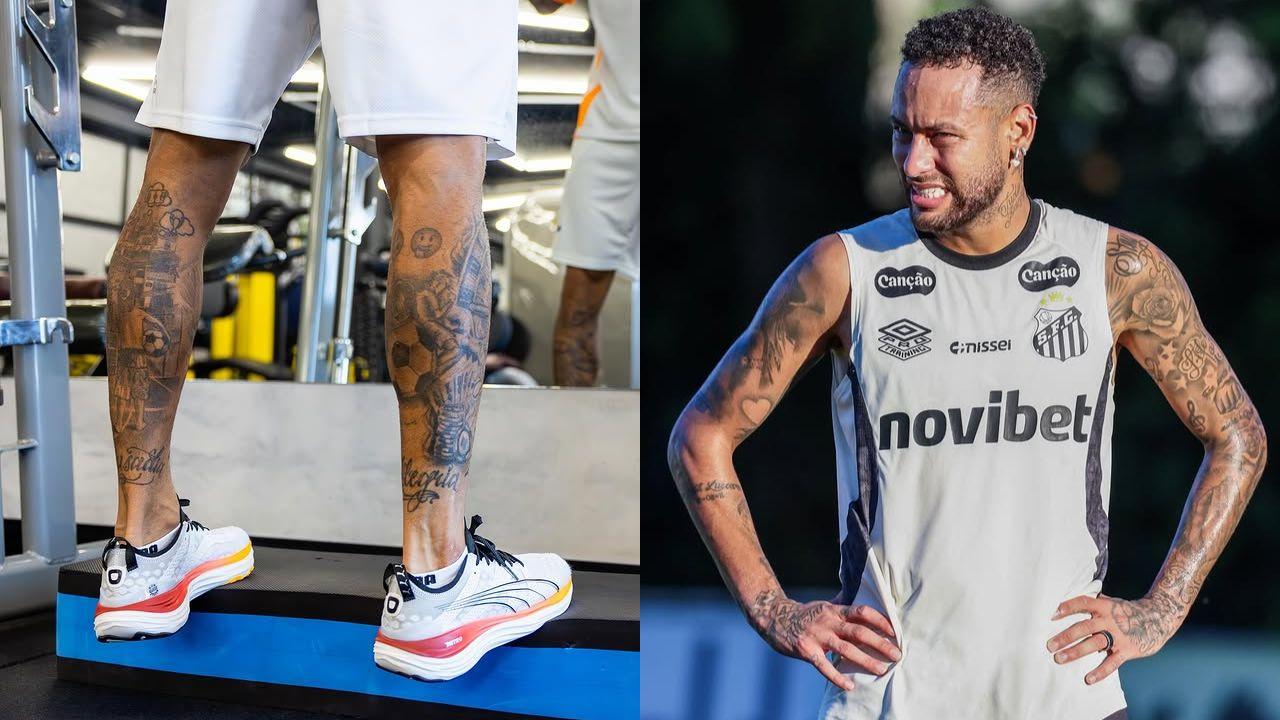 Montagem de duas fotos de Neymar, à esquerda, suas panturrilhas
