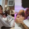 Montagem de duas fotos de Rafa Kalimann. À esquerda, com a filha Zuza; à direita, durante o parto, segurando a mão do parceiro