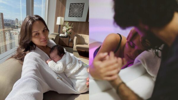 Montagem de duas fotos de Rafa Kalimann. À esquerda, com a filha Zuza; à direita, durante o parto, segurando a mão do parceiro