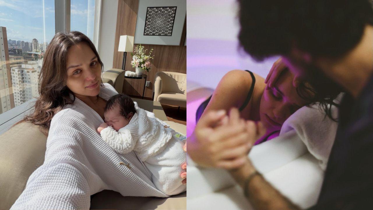 Montagem de duas fotos de Rafa Kalimann. À esquerda, com a filha Zuza; à direita, durante o parto, segurando a mão do parceiro