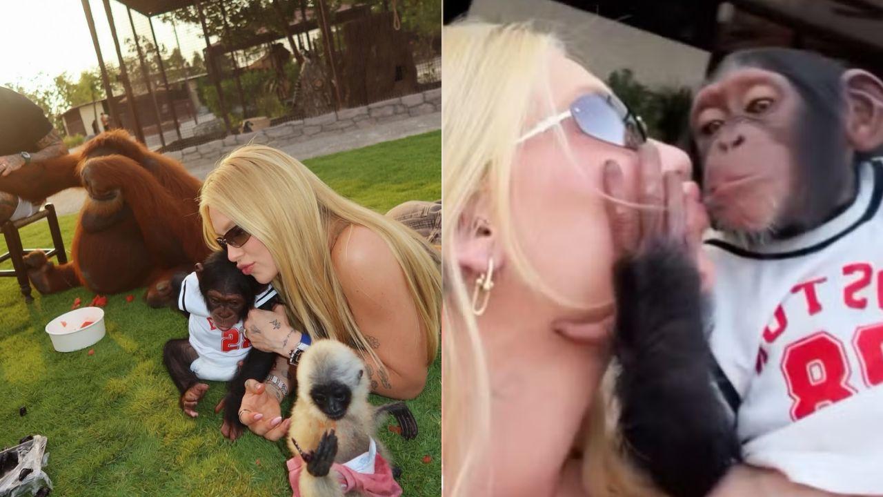 Montagem de duas fotos de Virginia Fonseca em um zoológico de Dubai com macacos