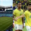 Montagem de duas fotos. Estádio de futebol e jogadores da seleção brasileira no campo.