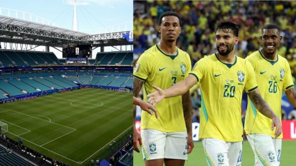 Montagem de duas fotos. Estádio de futebol e jogadores da seleção brasileira no campo.