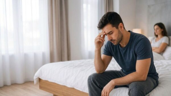 Imagem de um homem sentado na ponta da cama com a mão na testa e uma mulher atrás com os braços cruzados