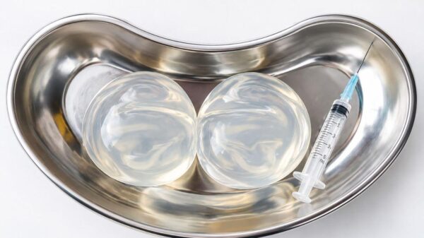 Foto mostra uma plaqueta de alumínio com duas próteses de silicone dentro ao lado de uma injeção.