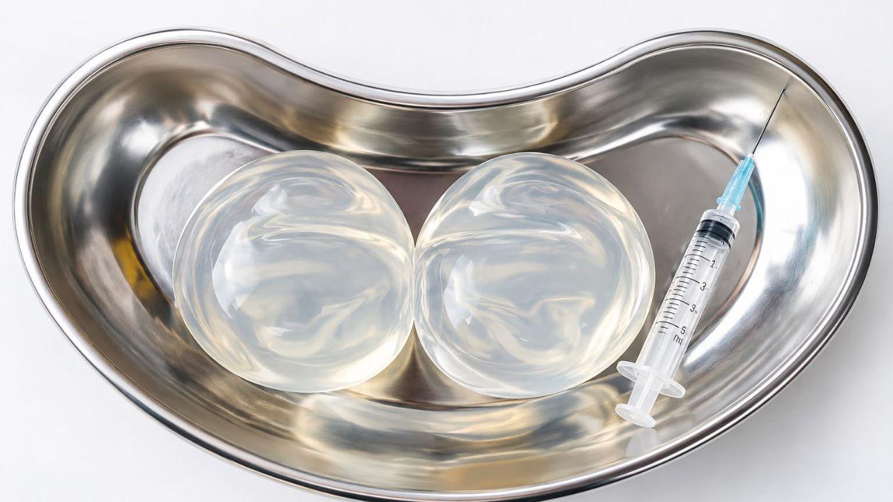 Foto mostra uma plaqueta de alumínio com duas próteses de silicone dentro ao lado de uma injeção.